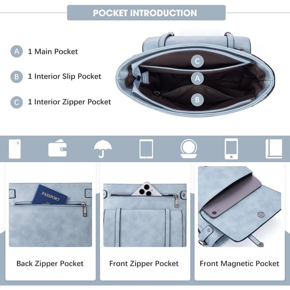 Women’s Sky Blue Leather Purses Multi-Pocket Adjustable Strap Crossbody Bags - Picture 3 of 6